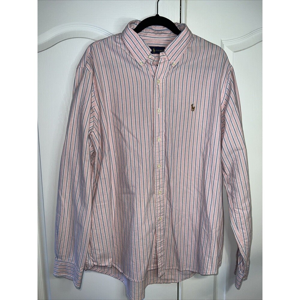 Ralph Lauren Blue Label Button Shirt Mens XL Pink Blue Striped Oxford Flesh Pony